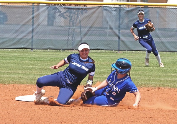 Lamar State College Port Arthur freshman Vanessa Espitia tags Blinn College base runner Amber Langston as she tries to steal second base during the first game of Friday?s NJCAA Region 14 doubleheader at Martin Field. The Seahawks fell 6-1.